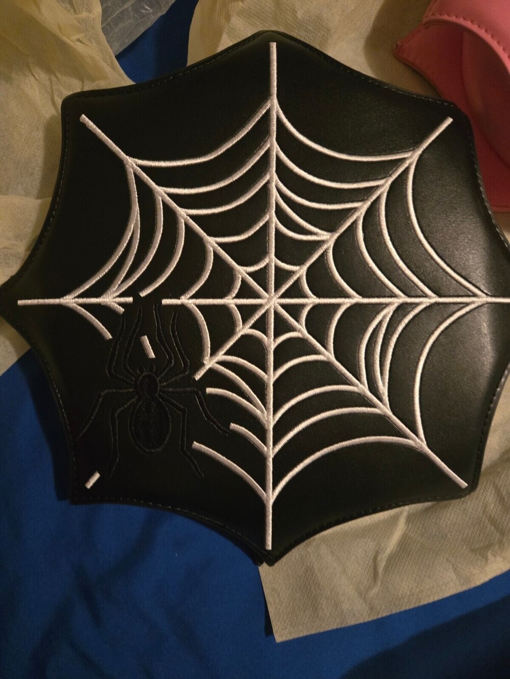 Black Spider Web Shaped Crossbody Bag with White Embroidery